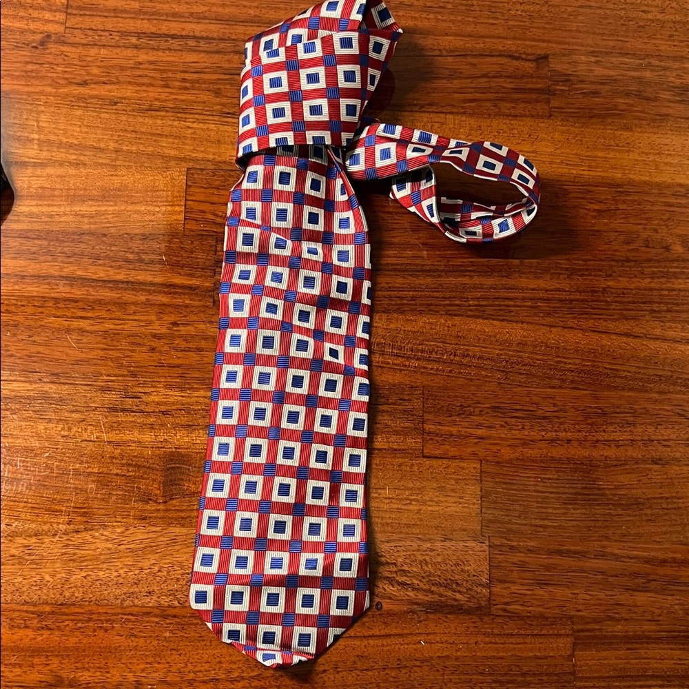 Robert Talbott Red Geometric Tie with Blue and White Squares